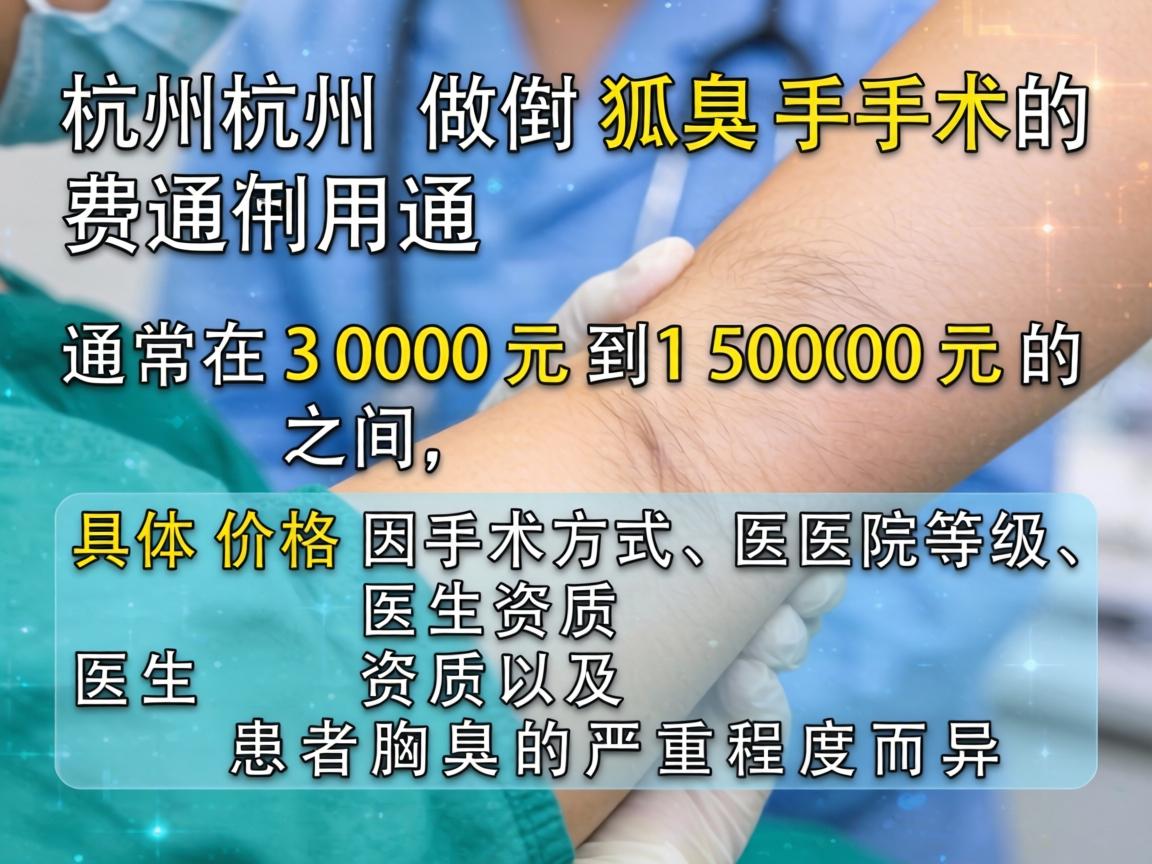 在杭州做狐臭手术的费用通常在 3000元到15000元 之间,具体价格因手术方式、医院等级、医生资质以及患者腋臭的严重程度而异 在杭州做狐臭手术的费用通常在 3000元到15000元 之间,具体价格因手术方式、医院等级、医生资质以及患者腋臭的严重程度而异