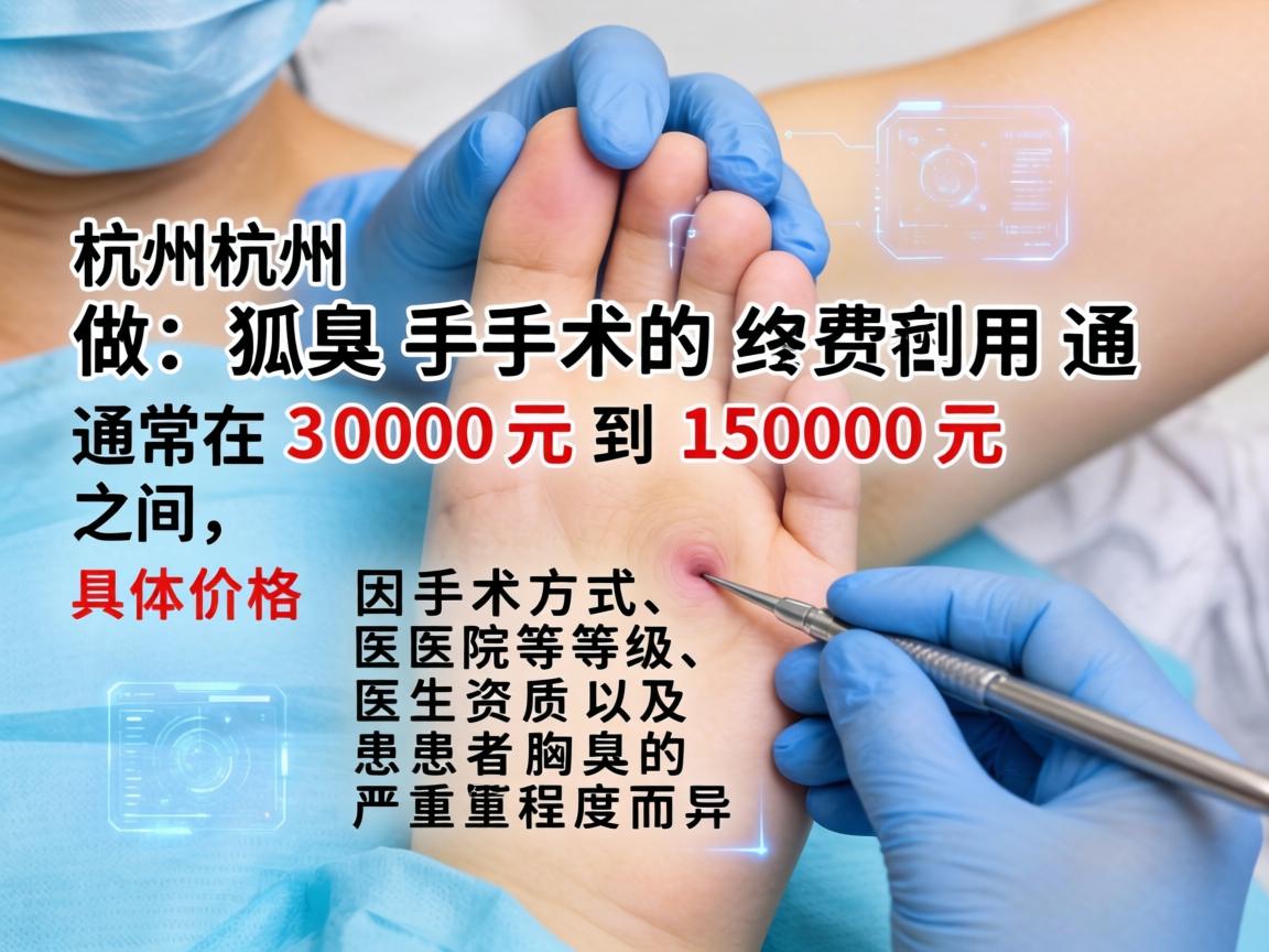 在杭州做狐臭手术的费用通常在 3000元到15000元 之间,具体价格因手术方式、医院等级、医生资质以及患者腋臭的严重程度而异 在杭州做狐臭手术的费用通常在 3000元到15000元 之间,具体价格因手术方式、医院等级、医生资质以及患者腋臭的严重程度而异
