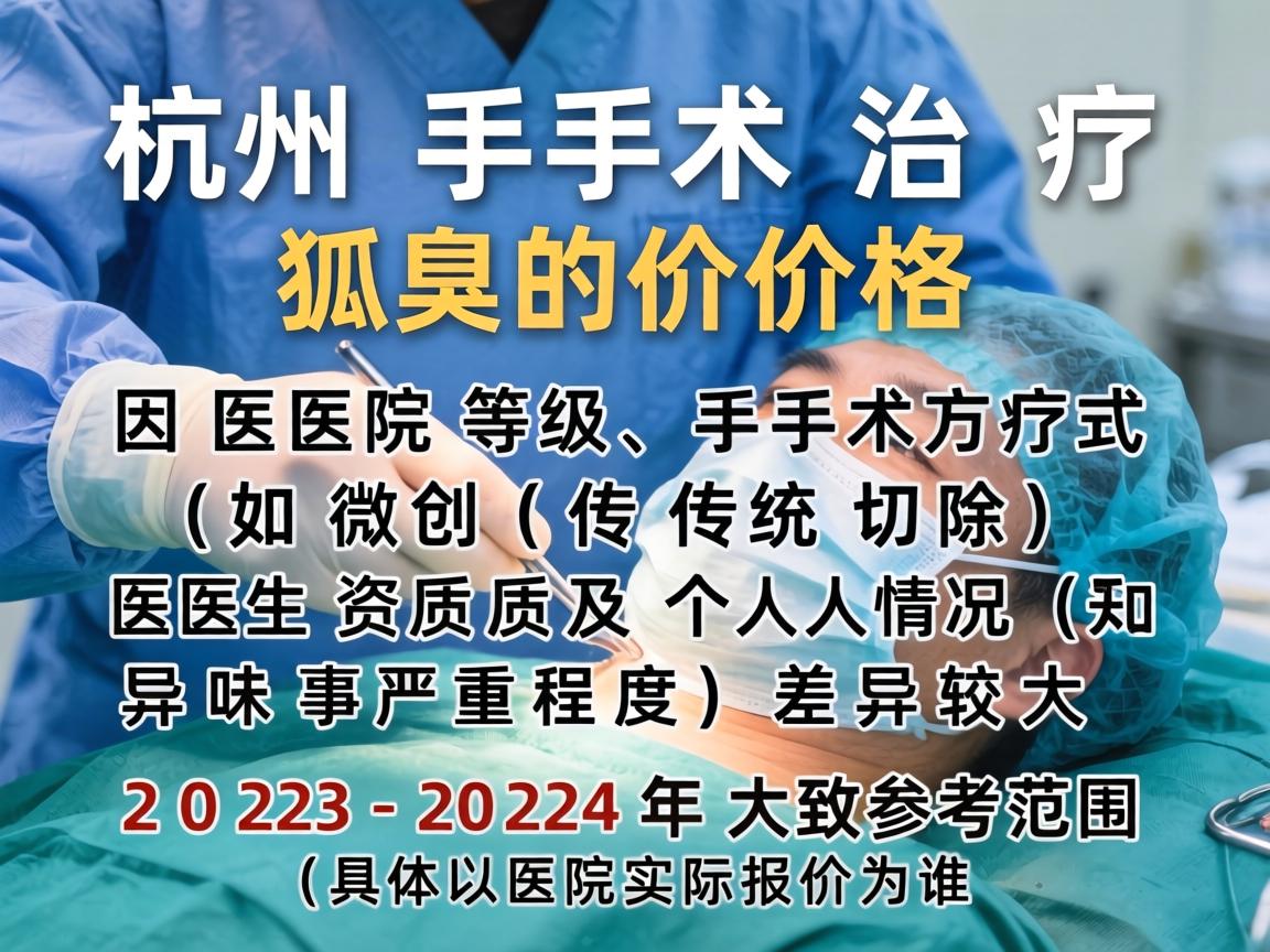 杭州手术治疗狐臭的价格因医院等级、手术方式(如微创、传统切除)医生资质及个人情况(如异味严重程度)差异较大。以下是2023-2024年的大致参考范围(具体以医院实际报价为准) 杭州手术治疗狐臭的价格因医院等级、手术方式(如微创、传统切除)医生资质及个人情况(如异味严重程度)差异较大。以下是2023-2024年的大致参考范围(具体以医院实际报价为准)
