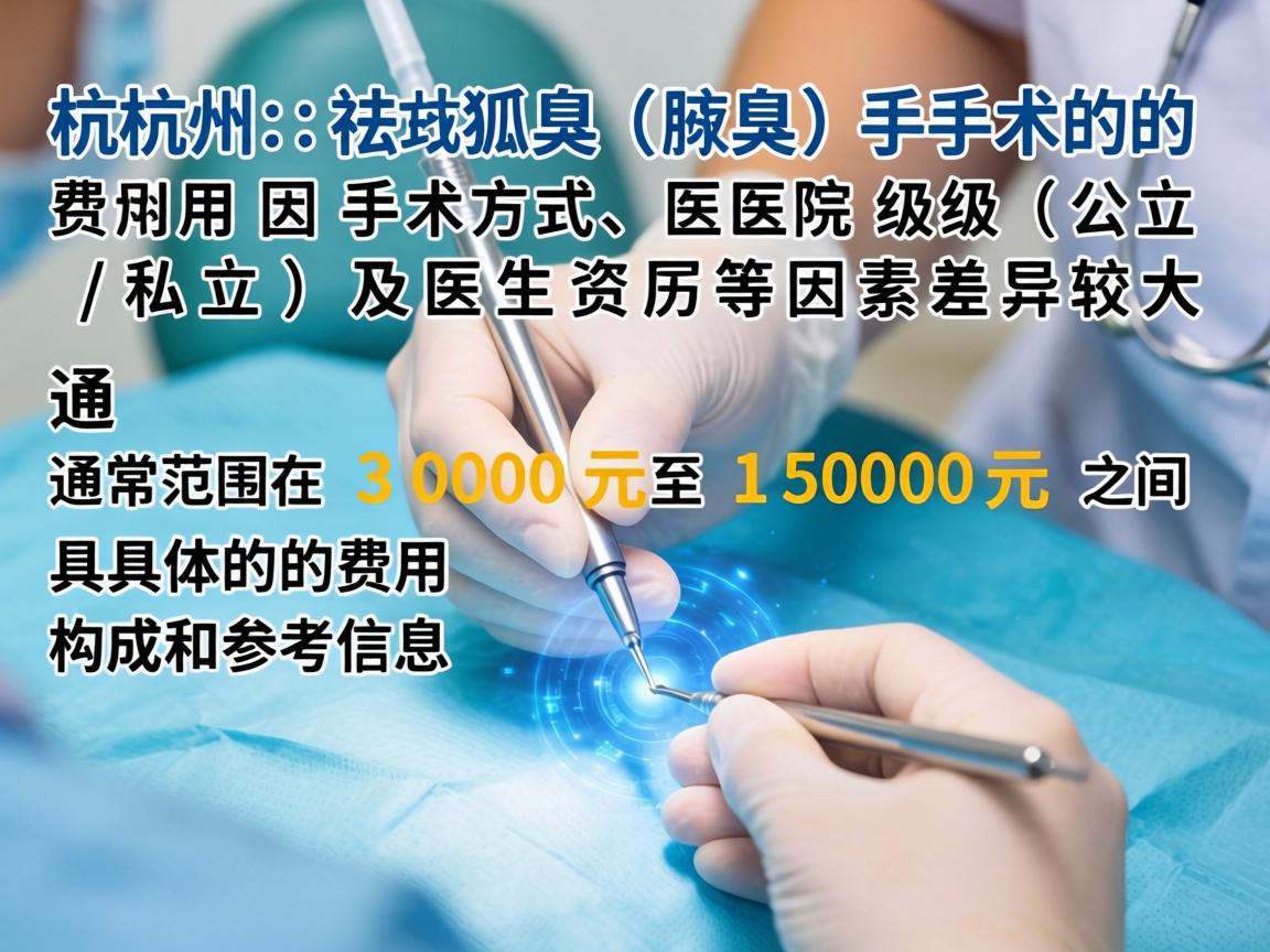 在杭州,祛狐臭(腋臭)手术的费用因手术方式、医院级别(公立/私立)及医生资历等因素差异较大,通常范围在 3000元至15000元 之间。以下是具体的费用构成和参考信息 在杭州,祛狐臭(腋臭)手术的费用因手术方式、医院级别(公立/私立)及医生资历等因素差异较大,通常范围在 3000元至15000元 之间。以下是具体的费用构成和参考信息