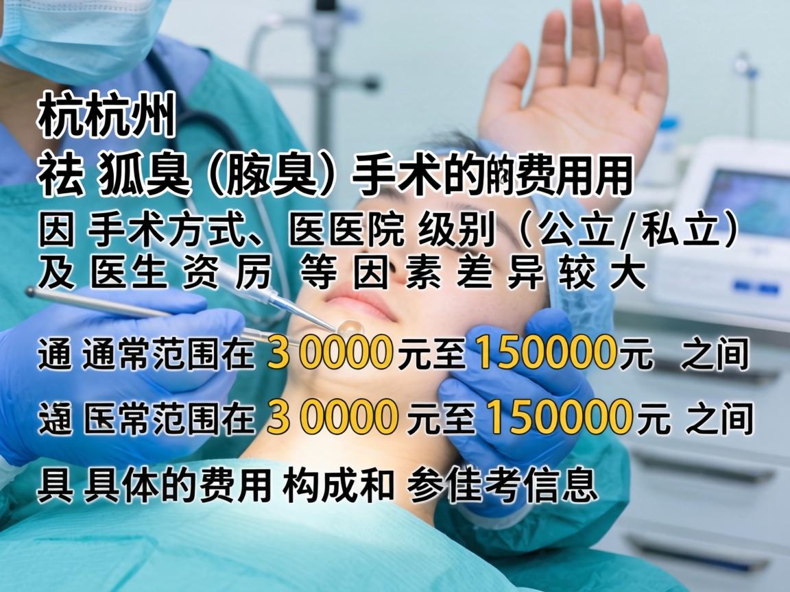 在杭州,祛狐臭(腋臭)手术的费用因手术方式、医院级别(公立/私立)及医生资历等因素差异较大,通常范围在 3000元至15000元 之间。以下是具体的费用构成和参考信息 在杭州,祛狐臭(腋臭)手术的费用因手术方式、医院级别(公立/私立)及医生资历等因素差异较大,通常范围在 3000元至15000元 之间。以下是具体的费用构成和参考信息