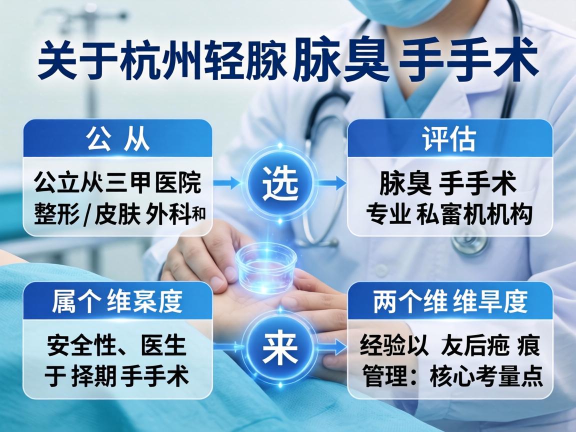 关于杭州腋臭手术的医院选择,需要从公立三甲医院的整形/皮肤外科和专业私立机构两个维度来评估。腋臭手术属于择期手术,安全性、医生经验以及术后疤痕管理是核心考量点 关于杭州腋臭手术的医院选择,需要从公立三甲医院的整形/皮肤外科和专业私立机构两个维度来评估。腋臭手术属于择期手术,安全性、医生经验以及术后疤痕管理是核心考量点