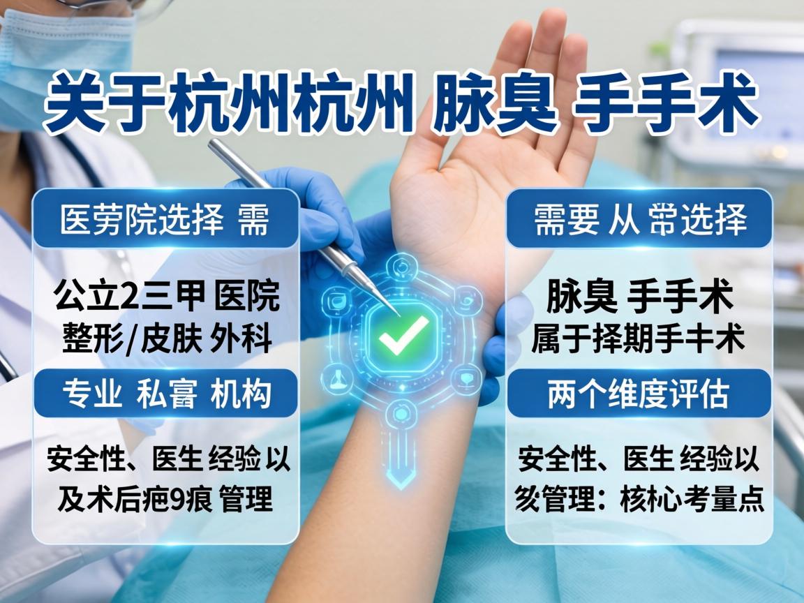 关于杭州腋臭手术的医院选择,需要从公立三甲医院的整形/皮肤外科和专业私立机构两个维度来评估。腋臭手术属于择期手术,安全性、医生经验以及术后疤痕管理是核心考量点 关于杭州腋臭手术的医院选择,需要从公立三甲医院的整形/皮肤外科和专业私立机构两个维度来评估。腋臭手术属于择期手术,安全性、医生经验以及术后疤痕管理是核心考量点