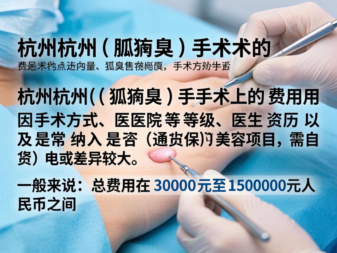 在杭州,狐臭(腋臭)手术的费用因手术方式、医院等级、医生资历以及是否纳入医保(通常为美容项目,需自费)而差异较大。一般来说,总费用在3000元至15000元人民币之间 在杭州,狐臭(腋臭)手术的费用因手术方式、医院等级、医生资历以及是否纳入医保(通常为美容项目,需自费)而差异较大。一般来说,总费用在3000元至15000元人民币之间
