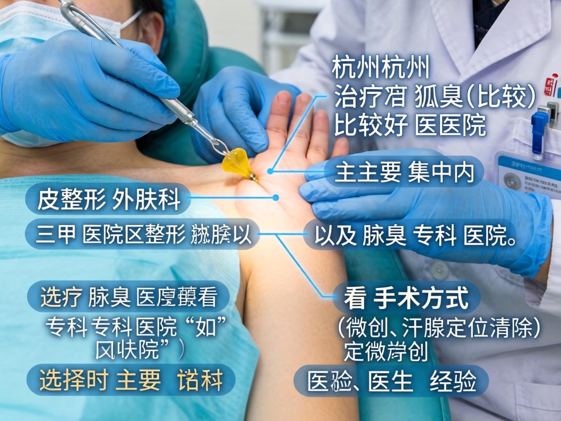 在杭州,治疗狐臭(腋臭)比较好的医院主要集中在三甲医院的整形外科、皮肤科以及腋臭专科医院。选择时主要看手术方式(如微创、汗腺定位清除)和医生经验 在杭州,治疗狐臭(腋臭)比较好的医院主要集中在三甲医院的整形外科、皮肤科以及腋臭专科医院。选择时主要看手术方式(如微创、汗腺定位清除)和医生经验