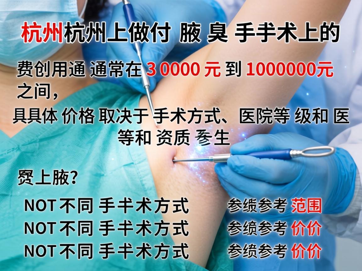在杭州做腋臭手术的费用通常在 3000元到10000元 之间,具体价格取决于手术方式、医院等级和医生资质。以下是不同手术方式的参考价格范围 在杭州做腋臭手术的费用通常在 3000元到10000元 之间,具体价格取决于手术方式、医院等级和医生资质。以下是不同手术方式的参考价格范围