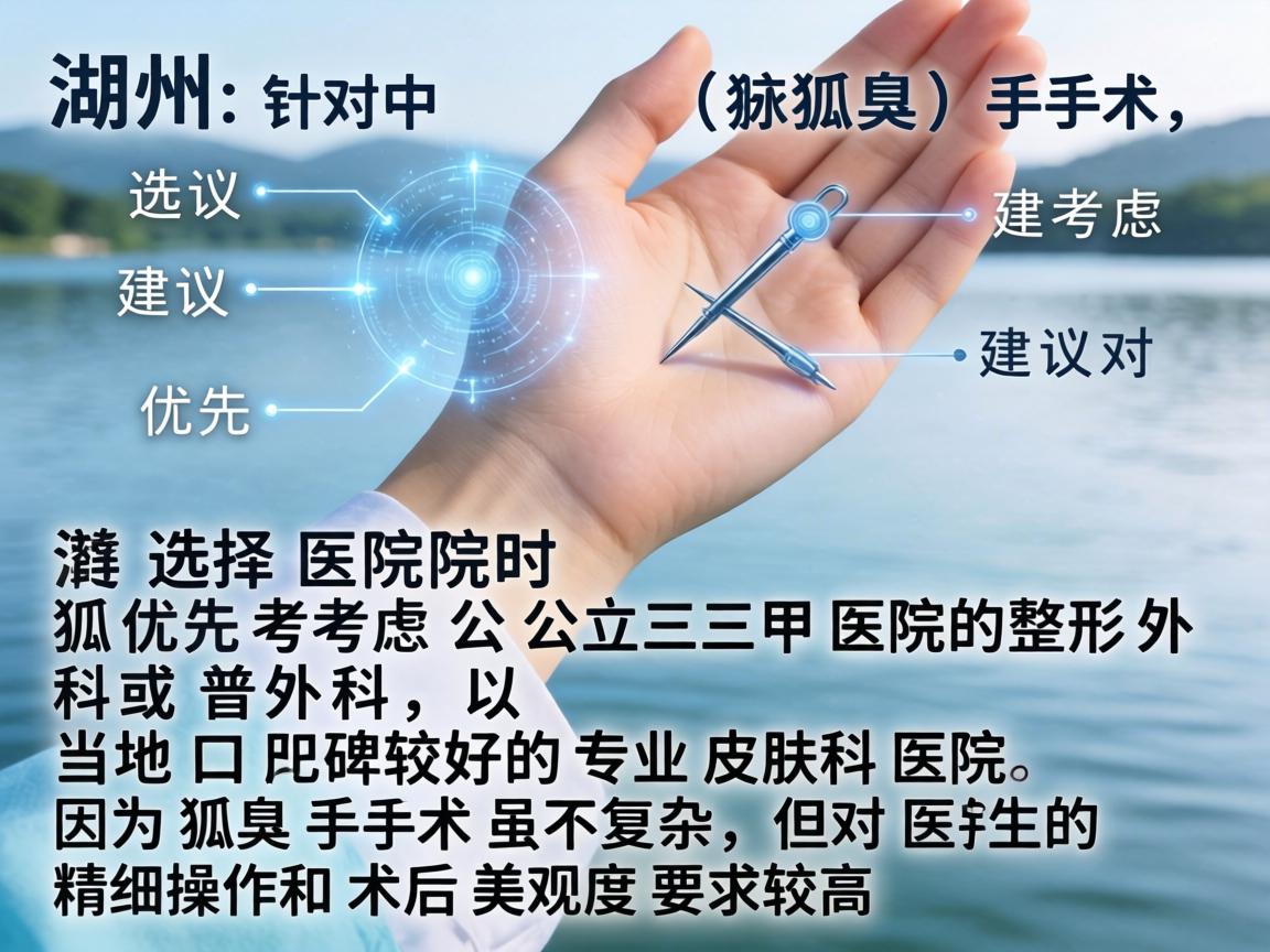 在湖州,针对狐臭(腋臭)手术,选择医院时建议优先考虑公立三甲医院的整形外科或普外科,以及当地口碑较好的专业皮肤科医院。因为狐臭手术虽不复杂,但对医生的精细操作和术后美观度要求较高 在湖州,针对狐臭(腋臭)手术,选择医院时建议优先考虑公立三甲医院的整形外科或普外科,以及当地口碑较好的专业皮肤科医院。因为狐臭手术虽不复杂,但对医生的精细操作和术后美观度要求较高