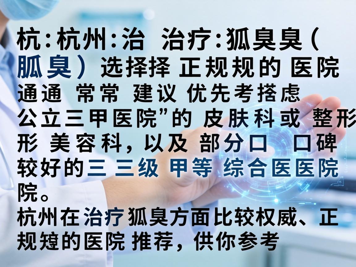 在杭州治疗狐臭(腋臭)选择正规的医院通常建议优先考虑公立三甲医院的皮肤科或整形美容科,以及部分口碑较好的三级甲等综合医院。以下是杭州在治疗狐臭方面比较权威、正规的医院推荐,供你参考 在杭州治疗狐臭(腋臭)选择正规的医院通常建议优先考虑公立三甲医院的皮肤科或整形美容科,以及部分口碑较好的三级甲等综合医院。以下是杭州在治疗狐臭方面比较权威、正规的医院推荐,供你参考