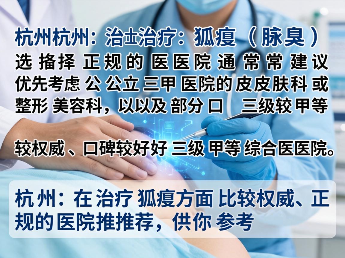 在杭州治疗狐臭(腋臭)选择正规的医院通常建议优先考虑公立三甲医院的皮肤科或整形美容科,以及部分口碑较好的三级甲等综合医院。以下是杭州在治疗狐臭方面比较权威、正规的医院推荐,供你参考 在杭州治疗狐臭(腋臭)选择正规的医院通常建议优先考虑公立三甲医院的皮肤科或整形美容科,以及部分口碑较好的三级甲等综合医院。以下是杭州在治疗狐臭方面比较权威、正规的医院推荐,供你参考