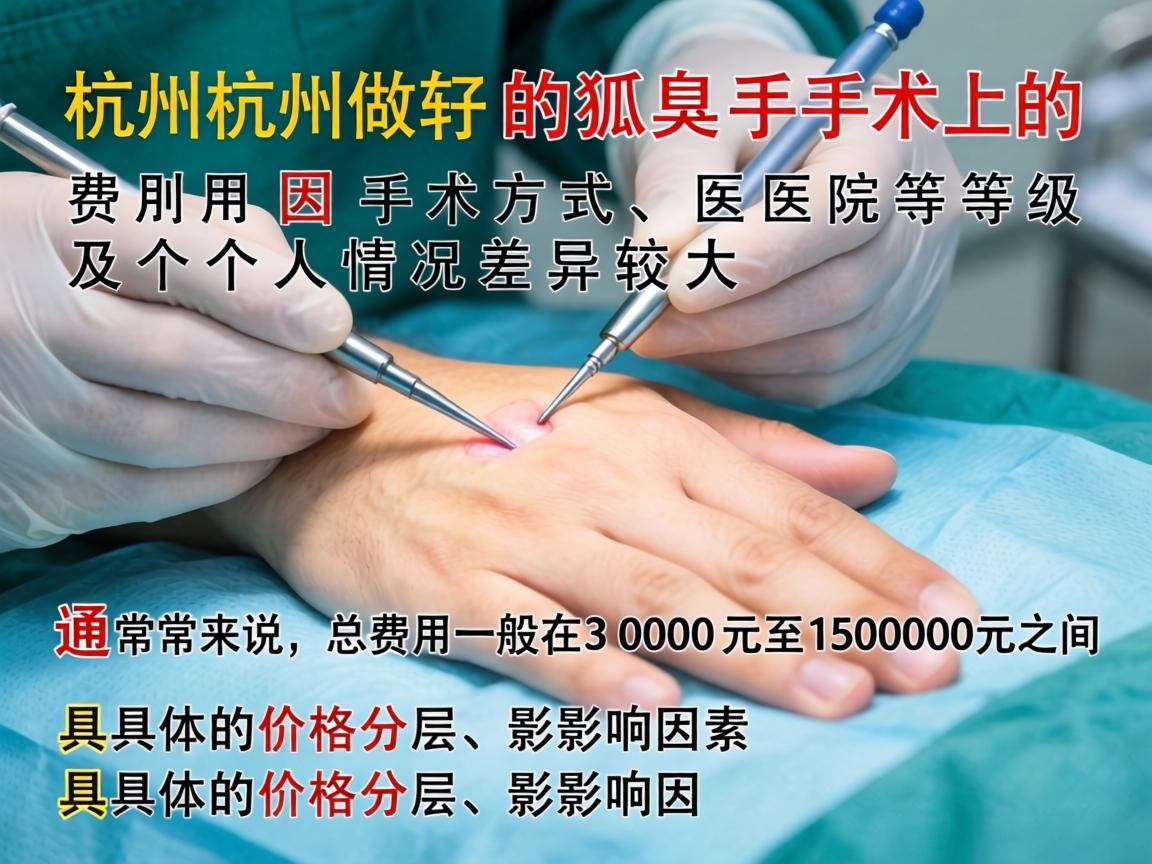 在杭州做狐臭手术的费用因手术方式、医院等级及个人情况差异较大。通常来说,总费用一般在3000元至15000元之间。以下是具体的价格分层和影响因素 在杭州做狐臭手术的费用因手术方式、医院等级及个人情况差异较大。通常来说,总费用一般在3000元至15000元之间。以下是具体的价格分层和影响因素