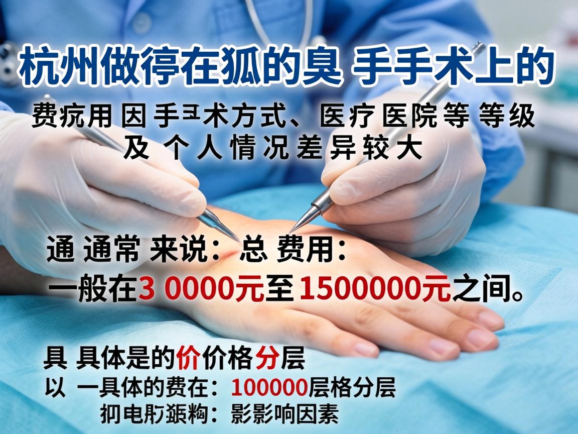 在杭州做狐臭手术的费用因手术方式、医院等级及个人情况差异较大。通常来说,总费用一般在3000元至15000元之间。以下是具体的价格分层和影响因素 在杭州做狐臭手术的费用因手术方式、医院等级及个人情况差异较大。通常来说,总费用一般在3000元至15000元之间。以下是具体的价格分层和影响因素