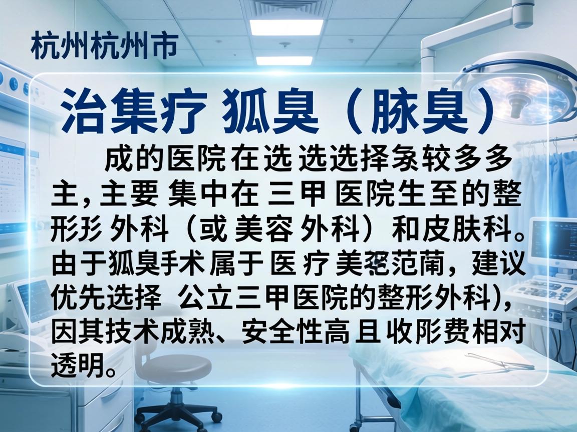 在杭州，治疗狐臭（腋臭）的医院选择较多，主要集中在三甲医院的整形外科（或美容外科）和皮肤科。由于狐臭手术属于医疗美容范畴，建议优先选择公立三甲医院的整形外科，因其技术成熟、安全性高且收费相对透明