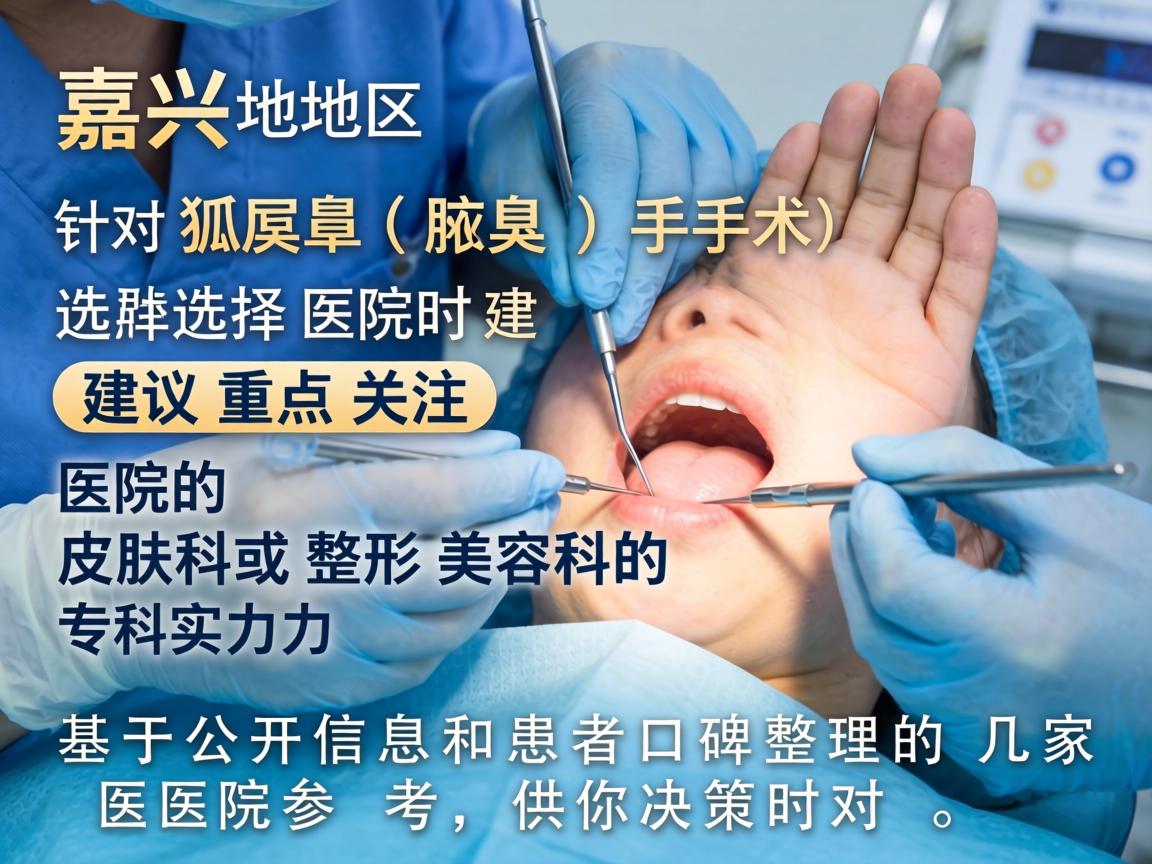 在嘉兴地区,针对狐臭(腋臭)手术,选择医院时建议重点关注医院的皮肤科或整形美容科的专科实力。以下是基于公开信息和患者口碑整理的几家医院参考,供你决策时对比 在嘉兴地区,针对狐臭(腋臭)手术,选择医院时建议重点关注医院的皮肤科或整形美容科的专科实力。以下是基于公开信息和患者口碑整理的几家医院参考,供你决策时对比