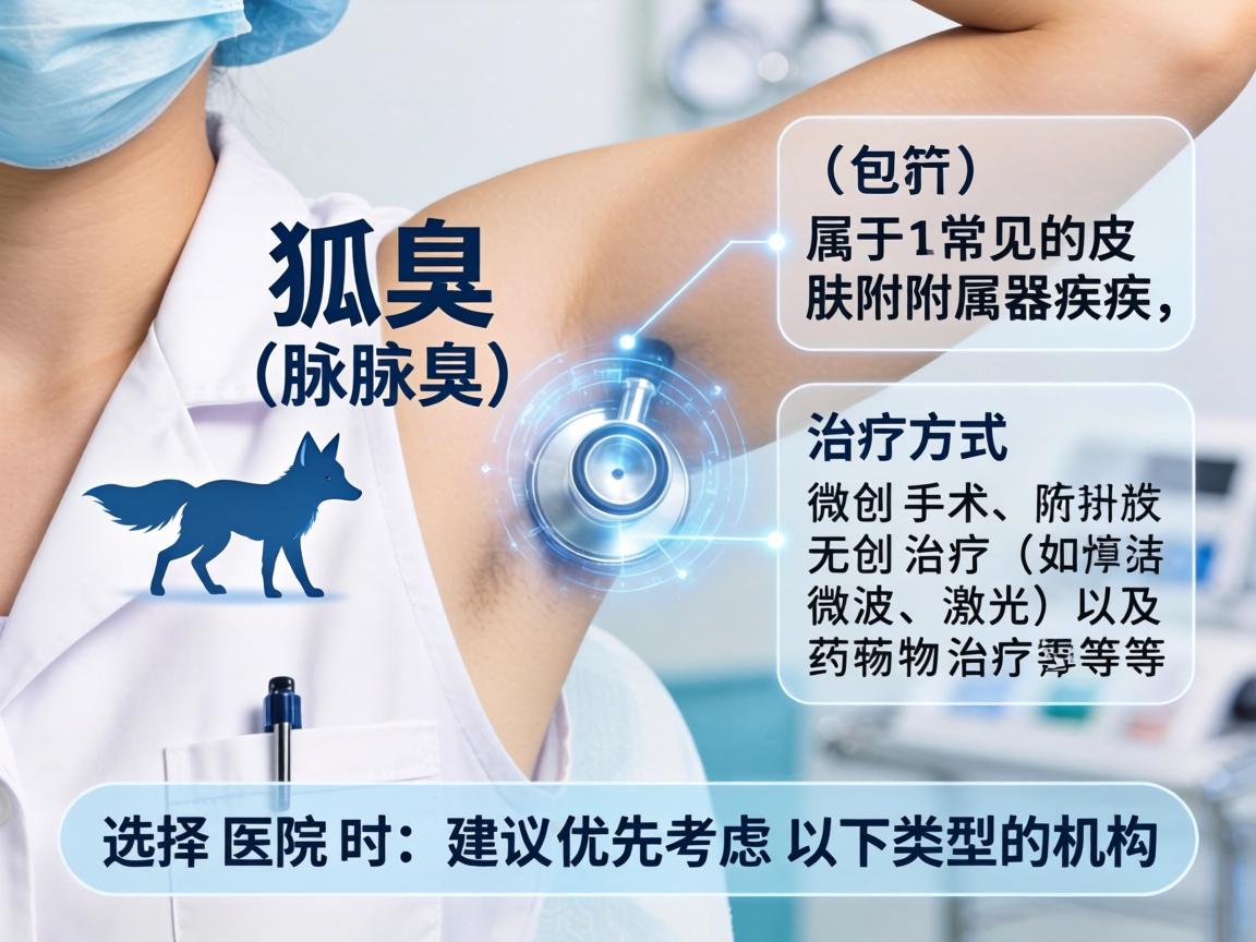 狐臭(腋臭)属于常见的皮肤附属器疾病,治疗方式包括微创手术、无创治疗(如微波、激光)及药物治疗等。选择医院时,建议优先考虑以下类型的机构 狐臭(腋臭)属于常见的皮肤附属器疾病,治疗方式包括微创手术、无创治疗(如微波、激光)及药物治疗等。选择医院时,建议优先考虑以下类型的机构