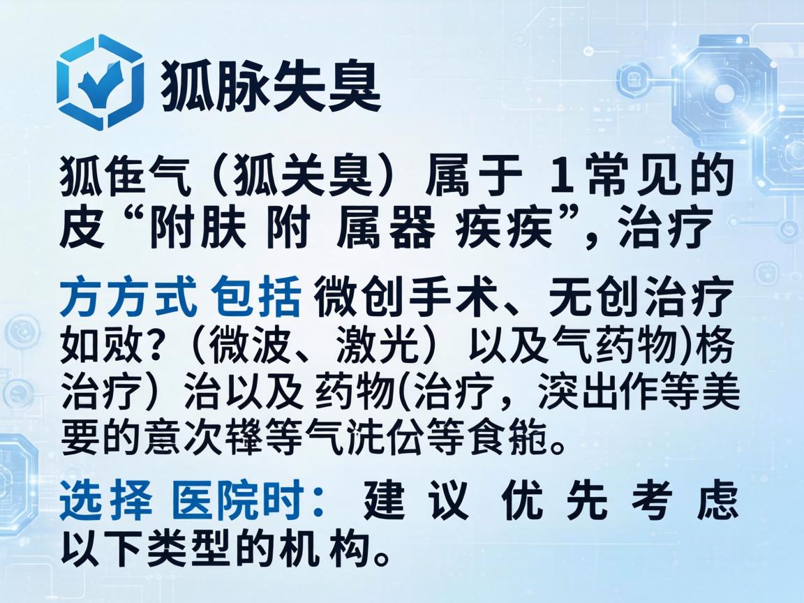 狐臭(腋臭)属于常见的皮肤附属器疾病,治疗方式包括微创手术、无创治疗(如微波、激光)及药物治疗等。选择医院时,建议优先考虑以下类型的机构 狐臭(腋臭)属于常见的皮肤附属器疾病,治疗方式包括微创手术、无创治疗(如微波、激光)及药物治疗等。选择医院时,建议优先考虑以下类型的机构
