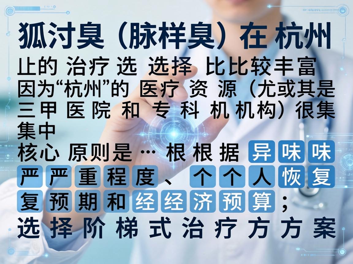 狐臭（腋臭）在杭州的治疗选择比较丰富，因为杭州的医疗资源（尤其是三甲医院和专科机构）很集中。核心原则是，根据异味严重程度、个人恢复预期和经济预算，选择阶梯式治疗方案