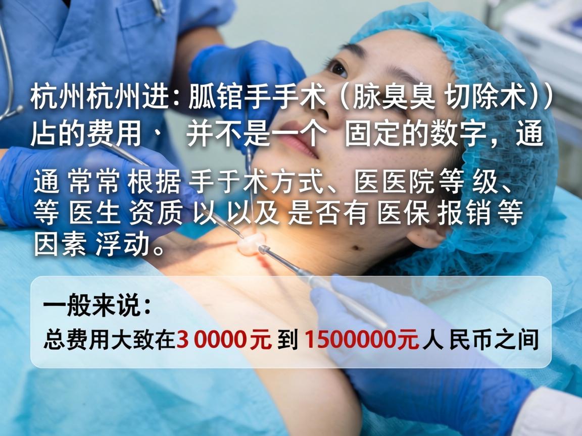 在杭州进行狐臭手术（腋臭切除术）的费用并不是一个固定的数字，通常根据手术方式、医院等级、医生资质以及是否有医保报销等因素浮动。一般来说，总费用大致在3000元到15000元人民币之间