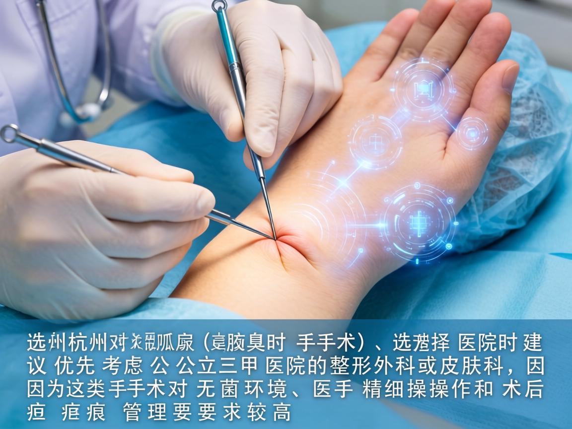 在杭州,针对狐臭(腋臭)手术,选择医院时建议优先考虑公立三甲医院的整形外科或皮肤科,因为这类手术对无菌环境、医生精细操作和术后疤痕管理要求较高 在杭州,针对狐臭(腋臭)手术,选择医院时建议优先考虑公立三甲医院的整形外科或皮肤科,因为这类手术对无菌环境、医生精细操作和术后疤痕管理要求较高