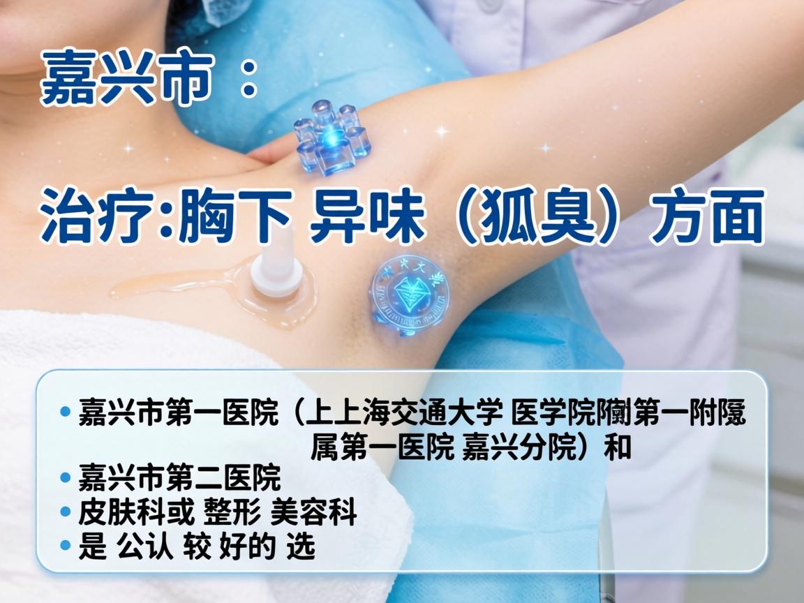 在嘉兴市,治疗腋下异味(狐臭)方面,嘉兴市第一医院(上海交通大学医学院附属第一医院嘉兴分院)和 嘉兴市第二医院 的皮肤科或整形美容科是公认较好的选择 在嘉兴市,治疗腋下异味(狐臭)方面,嘉兴市第一医院(上海交通大学医学院附属第一医院嘉兴分院)和 嘉兴市第二医院 的皮肤科或整形美容科是公认较好的选择