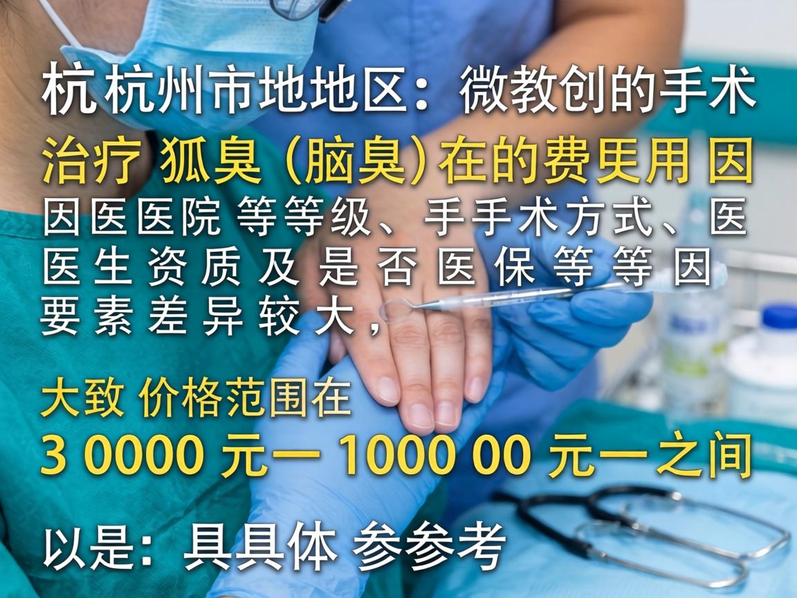杭州地区微创手术治疗狐臭(腋臭)的费用因医院等级、手术方式、医生资质及是否医保等因素差异较大,大致价格范围在 3000元 10000元 之间。以下是具体参考 杭州地区微创手术治疗狐臭(腋臭)的费用因医院等级、手术方式、医生资质及是否医保等因素差异较大,大致价格范围在 3000元 10000元 之间。以下是具体参考