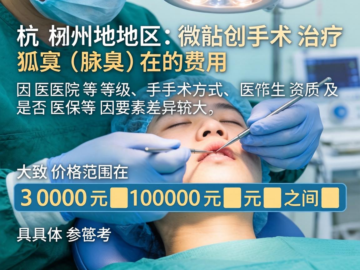 杭州地区微创手术治疗狐臭(腋臭)的费用因医院等级、手术方式、医生资质及是否医保等因素差异较大,大致价格范围在 3000元 10000元 之间。以下是具体参考 杭州地区微创手术治疗狐臭(腋臭)的费用因医院等级、手术方式、医生资质及是否医保等因素差异较大,大致价格范围在 3000元 10000元 之间。以下是具体参考