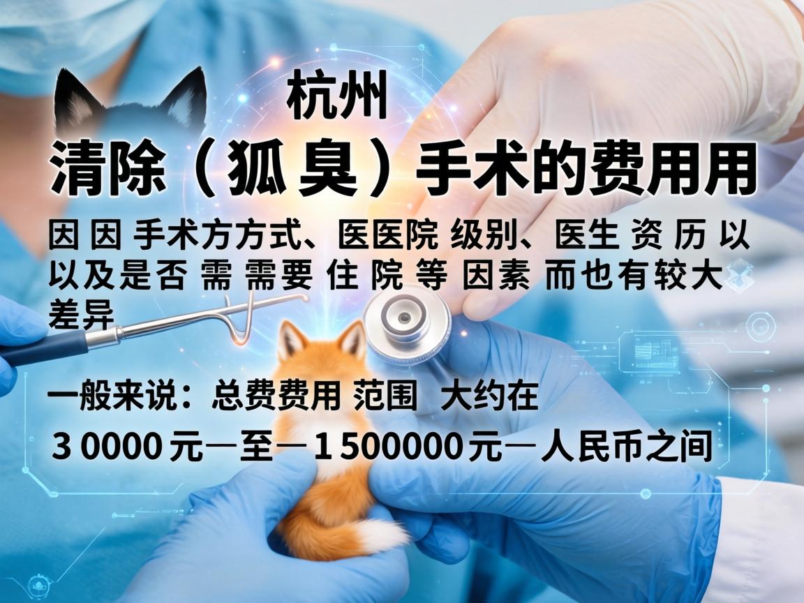在杭州,清除狐臭(腋臭)手术的费用因手术方式、医院级别、医生资历以及是否需要住院等因素而有较大差异。一般来说,总费用范围大约在 3000元 至 15000元 人民币之间 在杭州,清除狐臭(腋臭)手术的费用因手术方式、医院级别、医生资历以及是否需要住院等因素而有较大差异。一般来说,总费用范围大约在 3000元 至 15000元 人民币之间