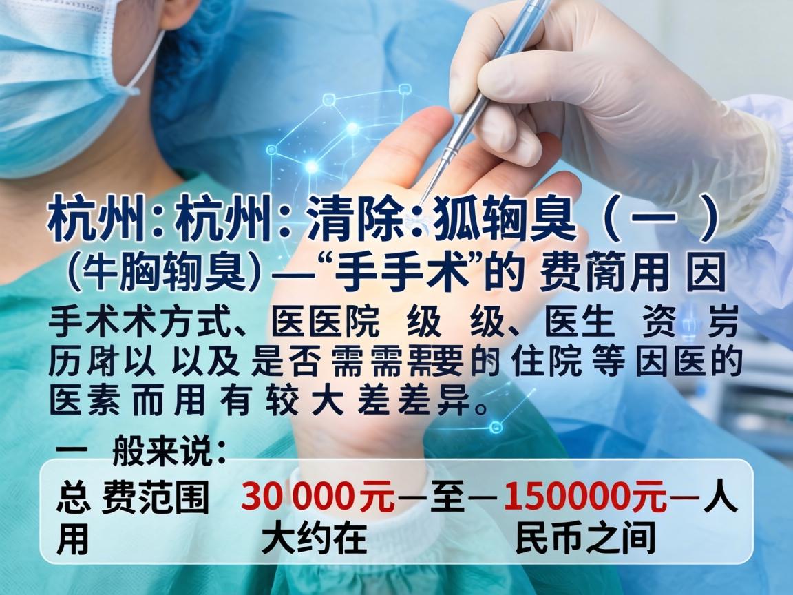 在杭州,清除狐臭(腋臭)手术的费用因手术方式、医院级别、医生资历以及是否需要住院等因素而有较大差异。一般来说,总费用范围大约在 3000元 至 15000元 人民币之间 在杭州,清除狐臭(腋臭)手术的费用因手术方式、医院级别、医生资历以及是否需要住院等因素而有较大差异。一般来说,总费用范围大约在 3000元 至 15000元 人民币之间