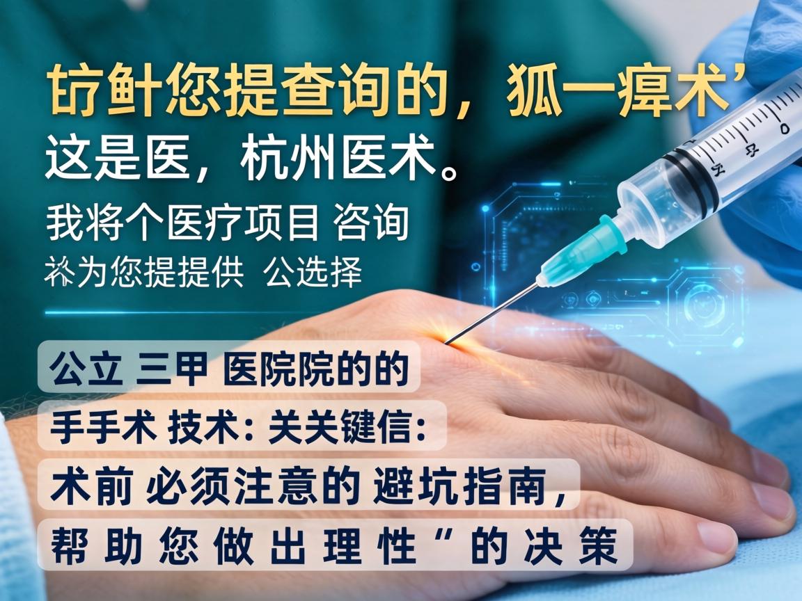 针对您查询的狐臭术 杭州医院，这是一个医疗项目咨询。我将为您提供公立三甲医院的选择、手术技术的关键信息以及术前必须注意的避坑指南，帮助您做出理性的决策