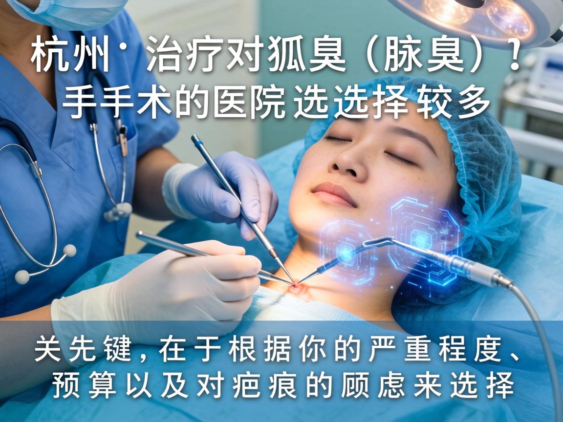 在杭州,治疗狐臭(腋臭)手术的医院选择较多,关键在于根据你的严重程度、预算以及对疤痕的顾虑来选择 在杭州,治疗狐臭(腋臭)手术的医院选择较多,关键在于根据你的严重程度、预算以及对疤痕的顾虑来选择