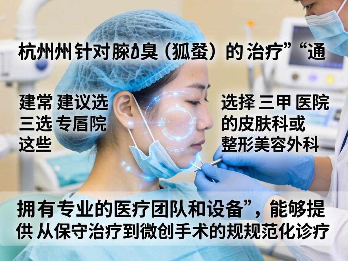 在杭州，针对腋臭（狐臭）的治疗，通常建议选择三甲医院的皮肤科或整形美容外科。这些医院拥有专业的医疗团队和设备，能够提供从保守治疗到微创手术的规范化诊疗