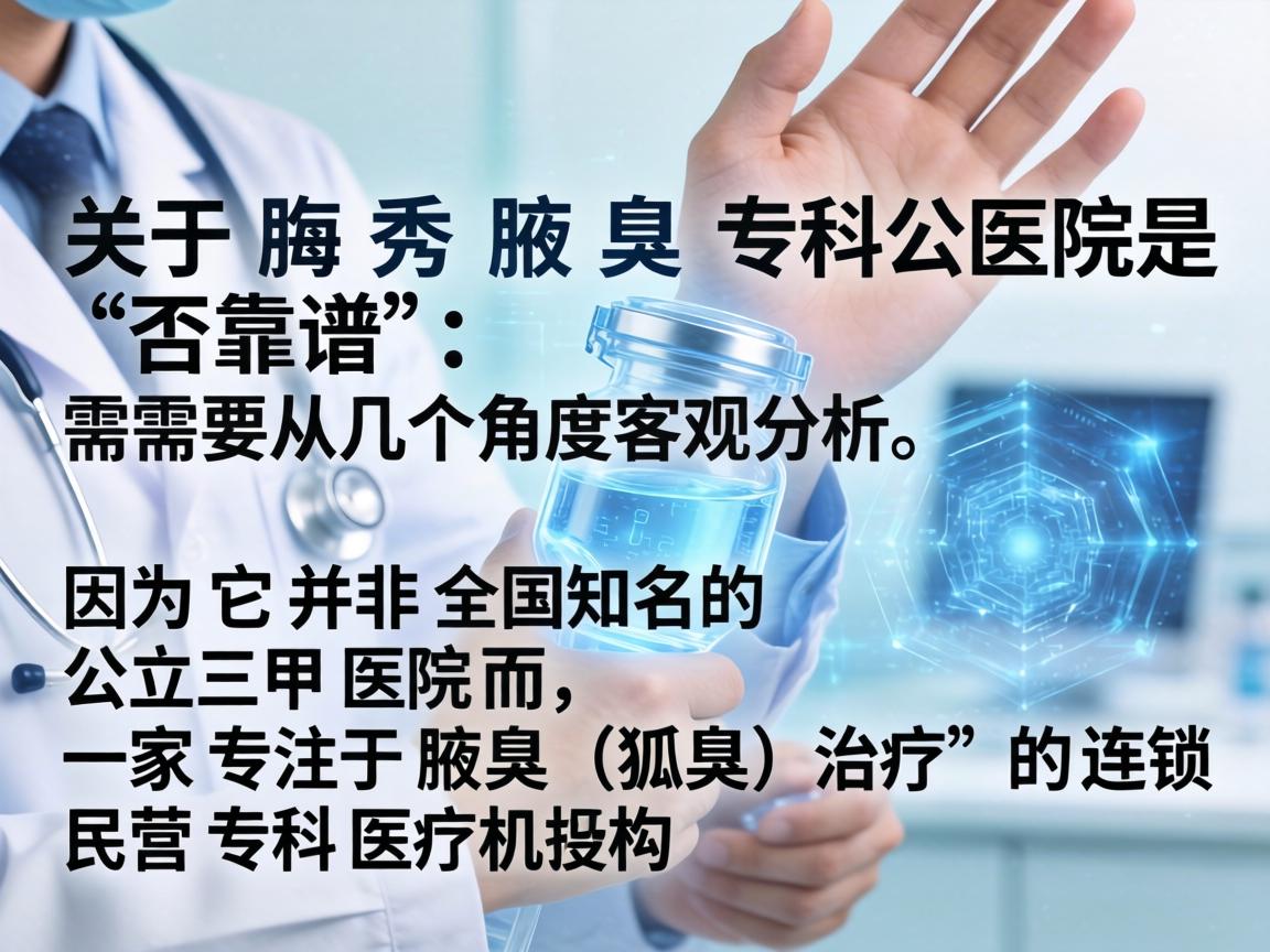 关于腋秀腋臭专科医院是否靠谱,需要从几个角度客观分析,因为它并非全国知名的公立三甲医院,而是一家专注于腋臭(狐臭)治疗的连锁民营专科医疗机构 关于腋秀腋臭专科医院是否靠谱,需要从几个角度客观分析,因为它并非全国知名的公立三甲医院,而是一家专注于腋臭(狐臭)治疗的连锁民营专科医疗机构