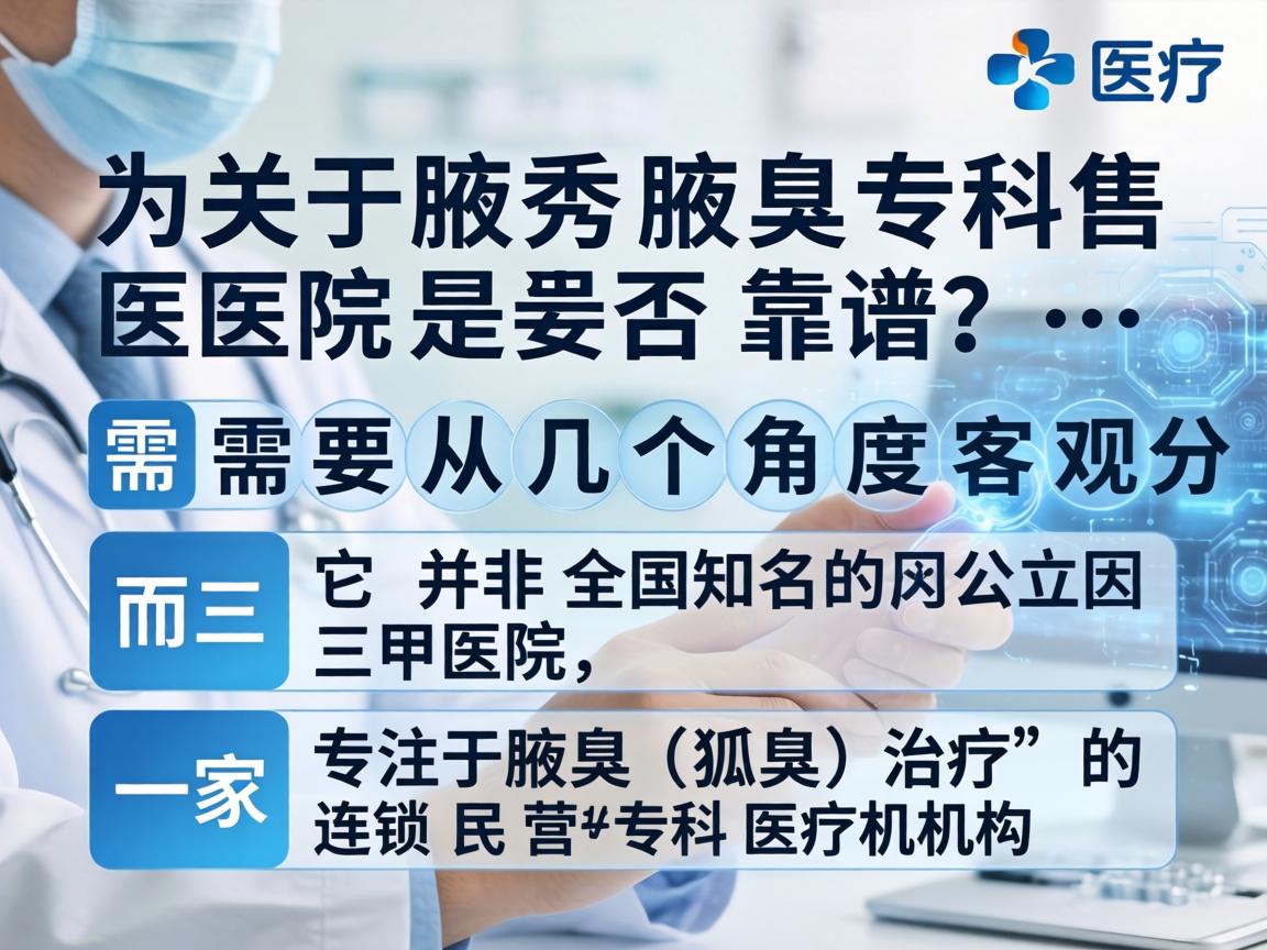 关于腋秀腋臭专科医院是否靠谱,需要从几个角度客观分析,因为它并非全国知名的公立三甲医院,而是一家专注于腋臭(狐臭)治疗的连锁民营专科医疗机构 关于腋秀腋臭专科医院是否靠谱,需要从几个角度客观分析,因为它并非全国知名的公立三甲医院,而是一家专注于腋臭(狐臭)治疗的连锁民营专科医疗机构
