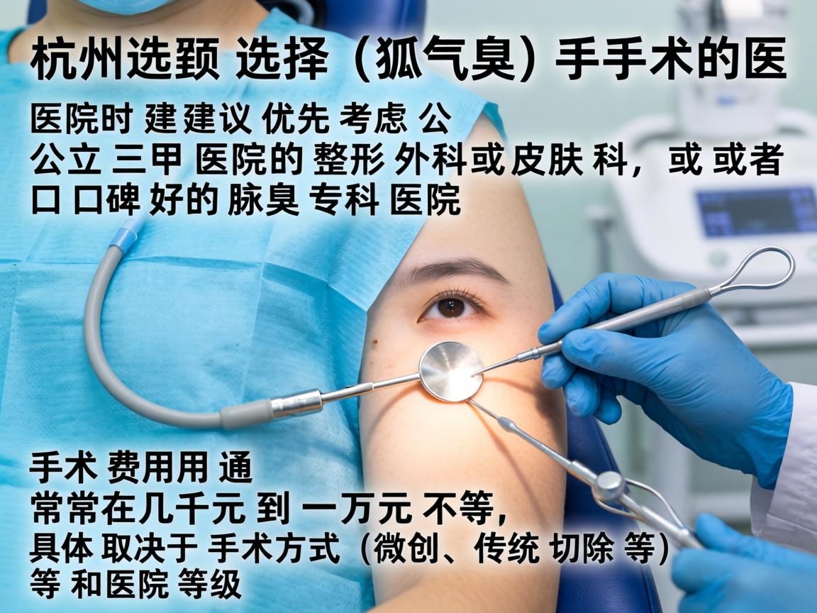 在杭州,选择腋臭(狐臭)手术的医院时,建议优先考虑公立三甲医院的整形外科或皮肤科,或者口碑好的腋臭专科医院。手术费用通常在几千元到一万元不等,具体取决于手术方式(微创、传统切除等)和医院等级 在杭州,选择腋臭(狐臭)手术的医院时,建议优先考虑公立三甲医院的整形外科或皮肤科,或者口碑好的腋臭专科医院。手术费用通常在几千元到一万元不等,具体取决于手术方式(微创、传统切除等)和医院等级
