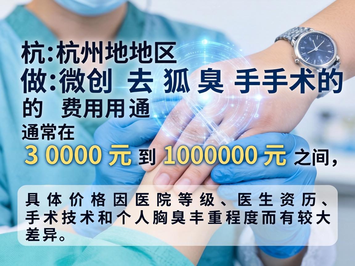 杭州地区做微创去狐臭手术的费用通常在 3000元到10000元 之间,具体价格因医院等级、医生资历、手术技术和个人腋臭严重程度而有较大差异 杭州地区做微创去狐臭手术的费用通常在 3000元到10000元 之间,具体价格因医院等级、医生资历、手术技术和个人腋臭严重程度而有较大差异