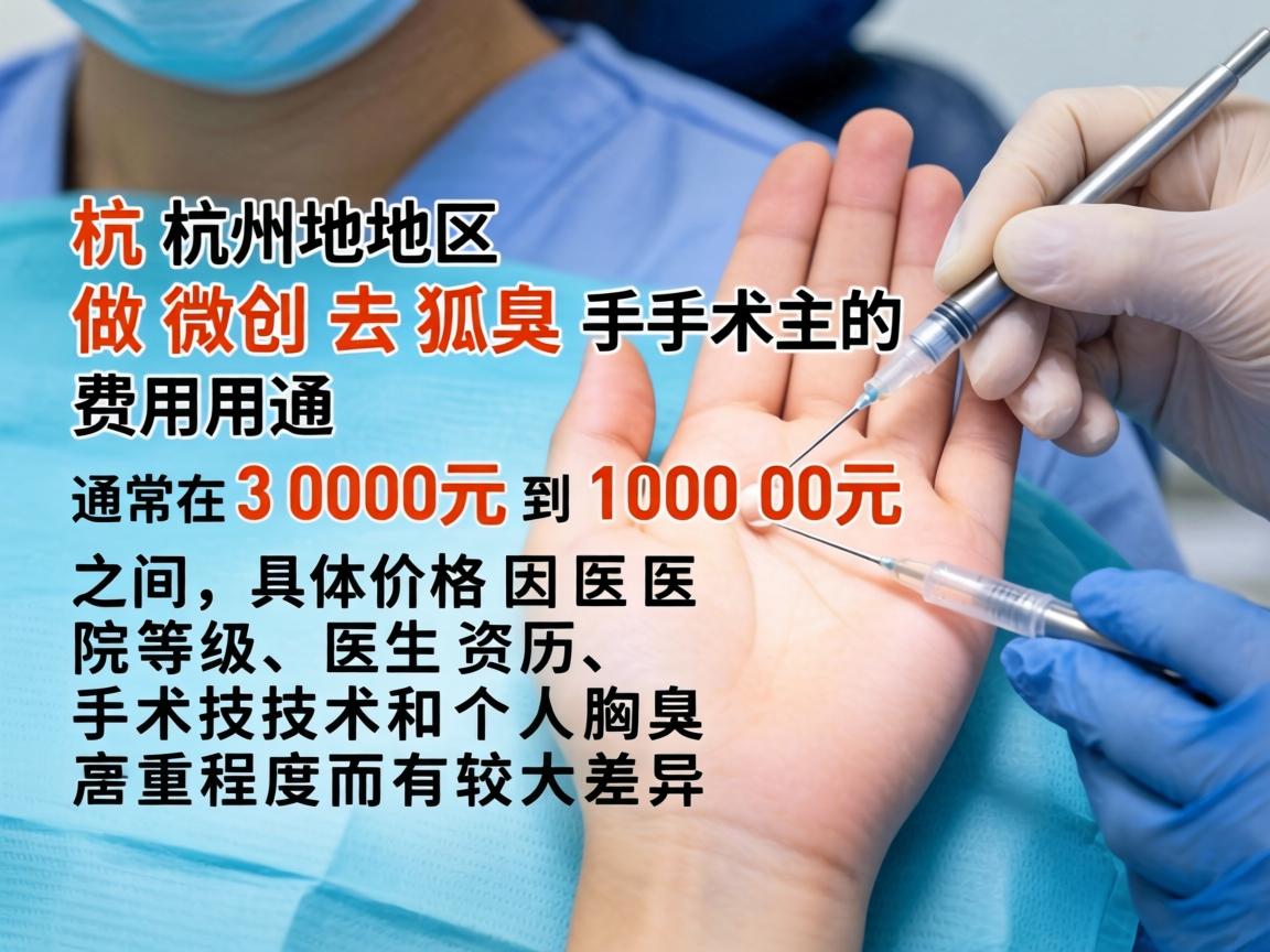 杭州地区做微创去狐臭手术的费用通常在 3000元到10000元 之间,具体价格因医院等级、医生资历、手术技术和个人腋臭严重程度而有较大差异 杭州地区做微创去狐臭手术的费用通常在 3000元到10000元 之间,具体价格因医院等级、医生资历、手术技术和个人腋臭严重程度而有较大差异