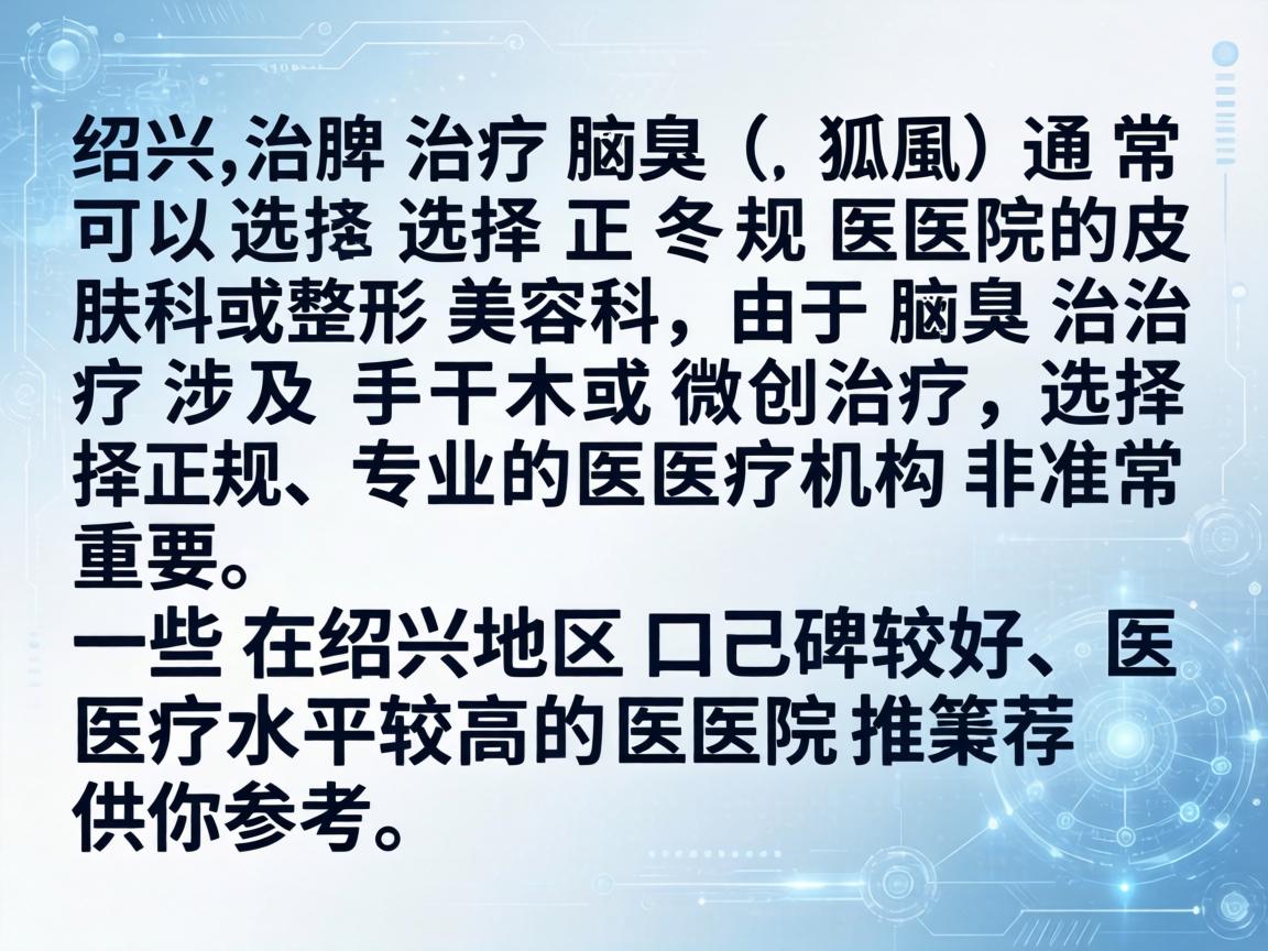 在绍兴,治疗腋臭(狐臭)通常可以选择正规医院的皮肤科或整形美容科。由于腋臭治疗涉及手术或微创治疗,选择正规、专业的医疗机构非常重要。以下是一些在绍兴地区口碑较好、医疗水平较高的医院推荐,供你参考 在绍兴,治疗腋臭(狐臭)通常可以选择正规医院的皮肤科或整形美容科。由于腋臭治疗涉及手术或微创治疗,选择正规、专业的医疗机构非常重要。以下是一些在绍兴地区口碑较好、医疗水平较高的医院推荐,供你参考