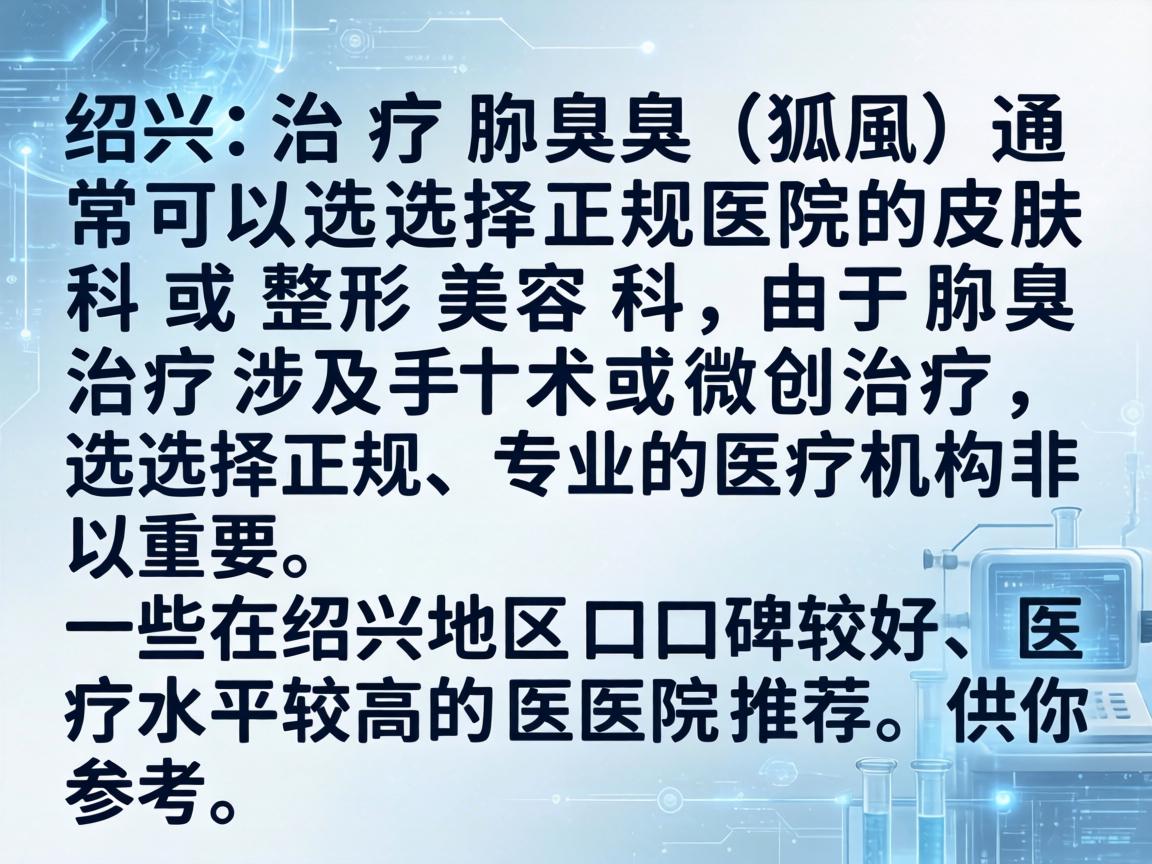 在绍兴,治疗腋臭(狐臭)通常可以选择正规医院的皮肤科或整形美容科。由于腋臭治疗涉及手术或微创治疗,选择正规、专业的医疗机构非常重要。以下是一些在绍兴地区口碑较好、医疗水平较高的医院推荐,供你参考 在绍兴,治疗腋臭(狐臭)通常可以选择正规医院的皮肤科或整形美容科。由于腋臭治疗涉及手术或微创治疗,选择正规、专业的医疗机构非常重要。以下是一些在绍兴地区口碑较好、医疗水平较高的医院推荐,供你参考