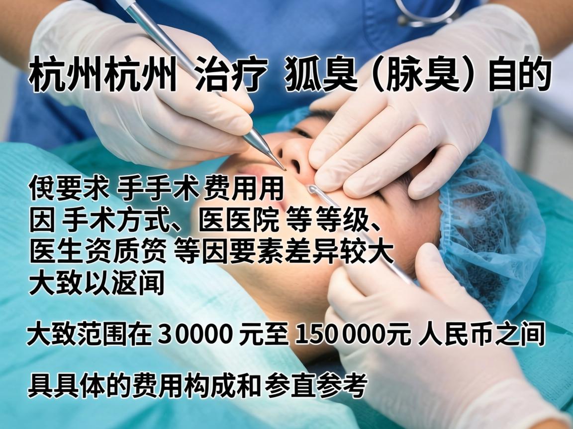 在杭州治疗狐臭(腋臭)的手术费用因手术方式、医院等级、医生资质等因素差异较大,大致范围在3000元至15000元人民币之间。以下是具体的费用构成和参考 在杭州治疗狐臭(腋臭)的手术费用因手术方式、医院等级、医生资质等因素差异较大,大致范围在3000元至15000元人民币之间。以下是具体的费用构成和参考