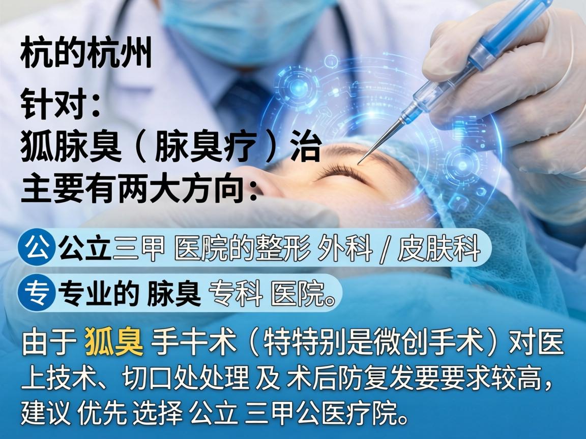 在杭州，针对狐臭（腋臭）的治疗，主要有两大方向，公立三甲医院的整形外科/皮肤科和专业的腋臭专科医院。由于狐臭手术（特别是微创手术）对医生技术、切口处理及术后防复发要求较高，建议优先选择公立三甲医院