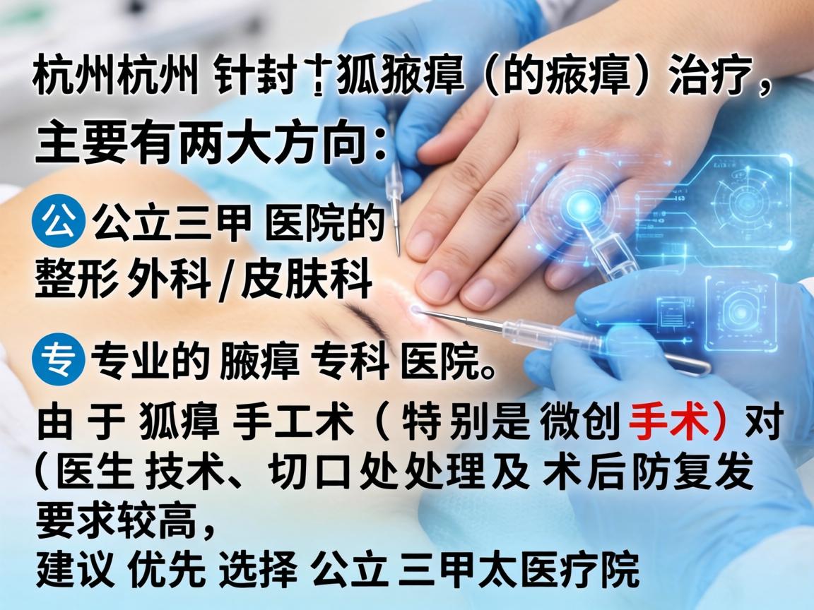 在杭州，针对狐臭（腋臭）的治疗，主要有两大方向，公立三甲医院的整形外科/皮肤科和专业的腋臭专科医院。由于狐臭手术（特别是微创手术）对医生技术、切口处理及术后防复发要求较高，建议优先选择公立三甲医院