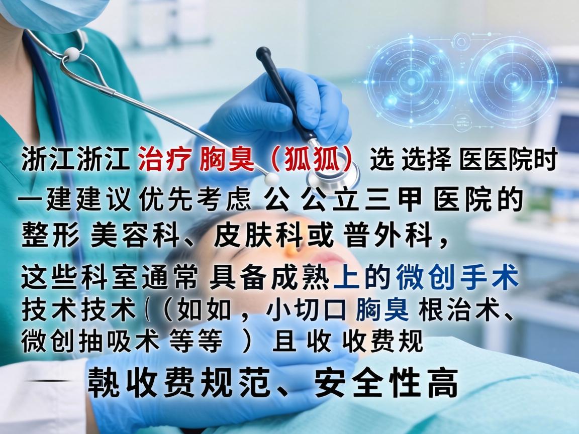 在浙江治疗腋臭（狐臭）选择医院时建议优先考虑公立三甲医院的整形美容科、皮肤科或普外科，这些科室通常具备成熟的微创手术技术（如小切口腋臭根治术、微创抽吸术等）且收费规范、安全性高