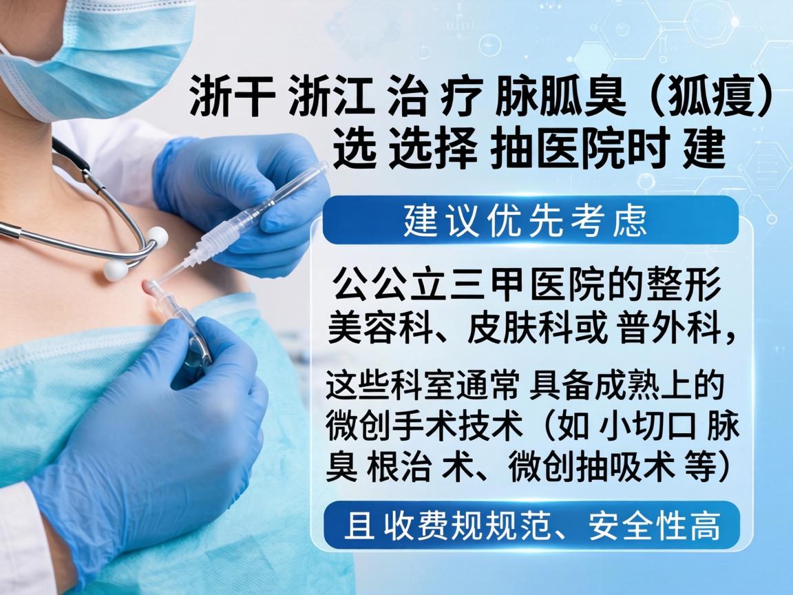 在浙江治疗腋臭（狐臭）选择医院时建议优先考虑公立三甲医院的整形美容科、皮肤科或普外科，这些科室通常具备成熟的微创手术技术（如小切口腋臭根治术、微创抽吸术等）且收费规范、安全性高