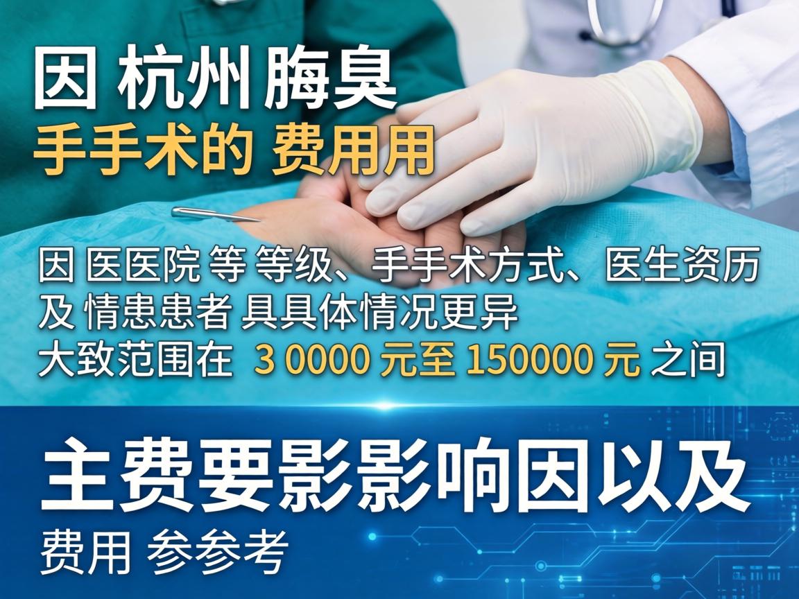 杭州腋臭手术的费用因医院等级、手术方式、医生资历及患者具体情况而异,大致范围在 3000元至15000元 之间。以下是主要影响因素及费用参考 杭州腋臭手术的费用因医院等级、手术方式、医生资历及患者具体情况而异,大致范围在 3000元至15000元 之间。以下是主要影响因素及费用参考