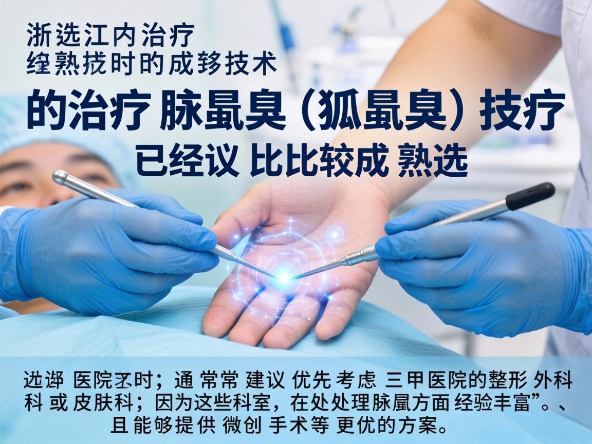 在浙江,治疗腋臭(狐臭)的技术已经比较成熟。选择医院时,通常建议优先考虑三甲医院的整形外科或皮肤科,因为这些科室在处理腋臭方面经验丰富,且能够提供微创手术等更优的方案 在浙江,治疗腋臭(狐臭)的技术已经比较成熟。选择医院时,通常建议优先考虑三甲医院的整形外科或皮肤科,因为这些科室在处理腋臭方面经验丰富,且能够提供微创手术等更优的方案
