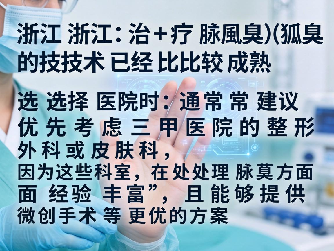 在浙江,治疗腋臭(狐臭)的技术已经比较成熟。选择医院时,通常建议优先考虑三甲医院的整形外科或皮肤科,因为这些科室在处理腋臭方面经验丰富,且能够提供微创手术等更优的方案 在浙江,治疗腋臭(狐臭)的技术已经比较成熟。选择医院时,通常建议优先考虑三甲医院的整形外科或皮肤科,因为这些科室在处理腋臭方面经验丰富,且能够提供微创手术等更优的方案