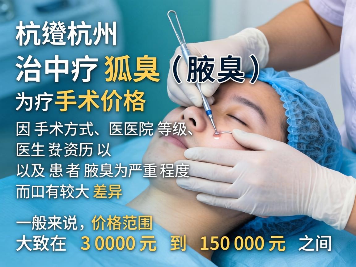 在杭州，治疗狐臭（腋臭）的手术价格因手术方式、医院等级、医生资历以及患者腋臭的严重程度而有较大差异。一般来说，价格范围大致在 3000元 到 15000元 之间