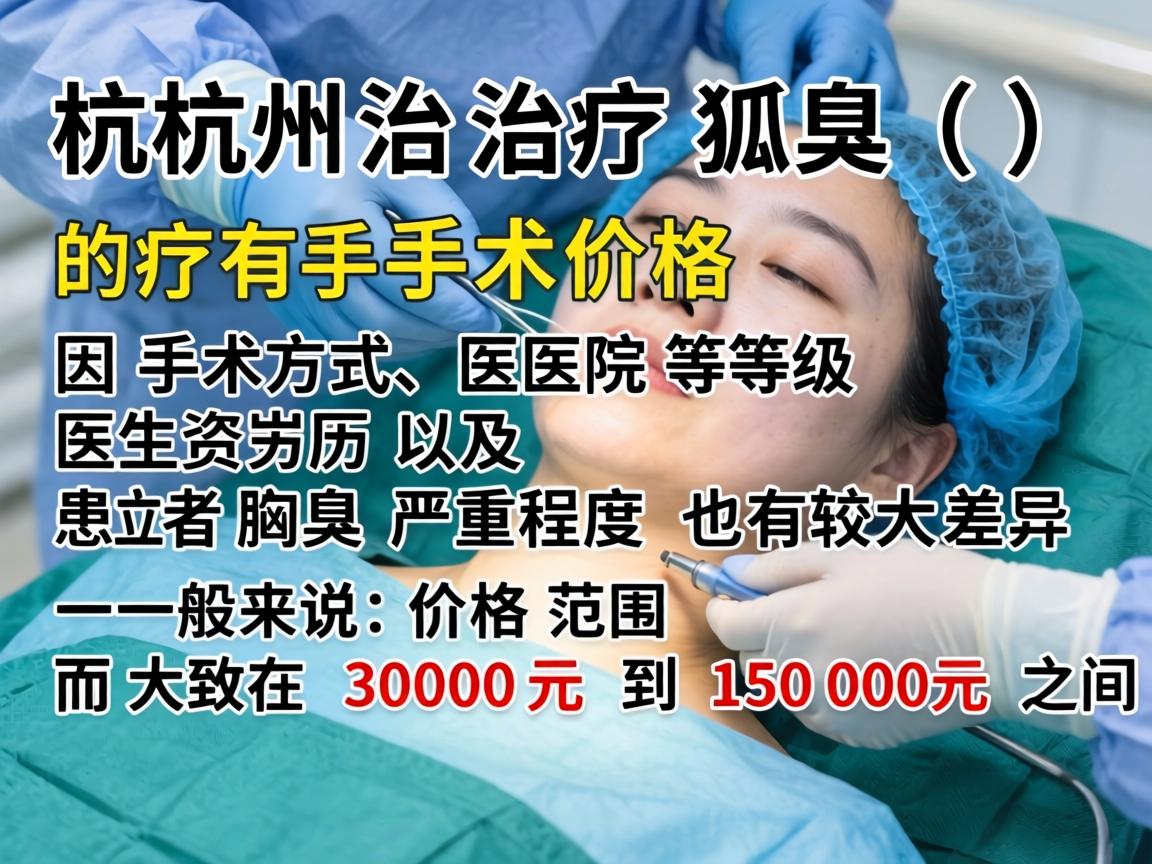 在杭州，治疗狐臭（腋臭）的手术价格因手术方式、医院等级、医生资历以及患者腋臭的严重程度而有较大差异。一般来说，价格范围大致在 3000元 到 15000元 之间