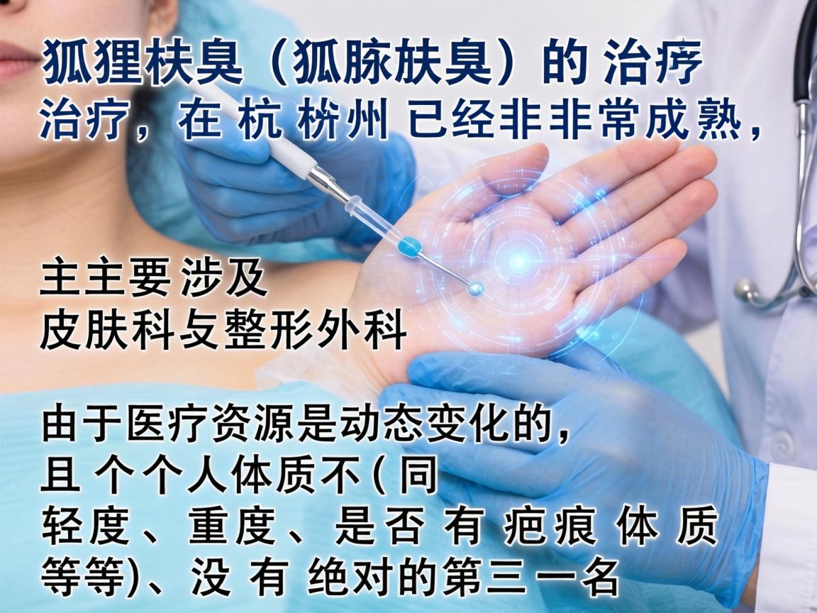 狐臭（腋臭）的治疗在杭州已经非常成熟，主要涉及皮肤科和整形外科。由于医疗资源是动态变化的，且个人体质不同（轻度、重度、是否有疤痕体质等）没有绝对的第一名