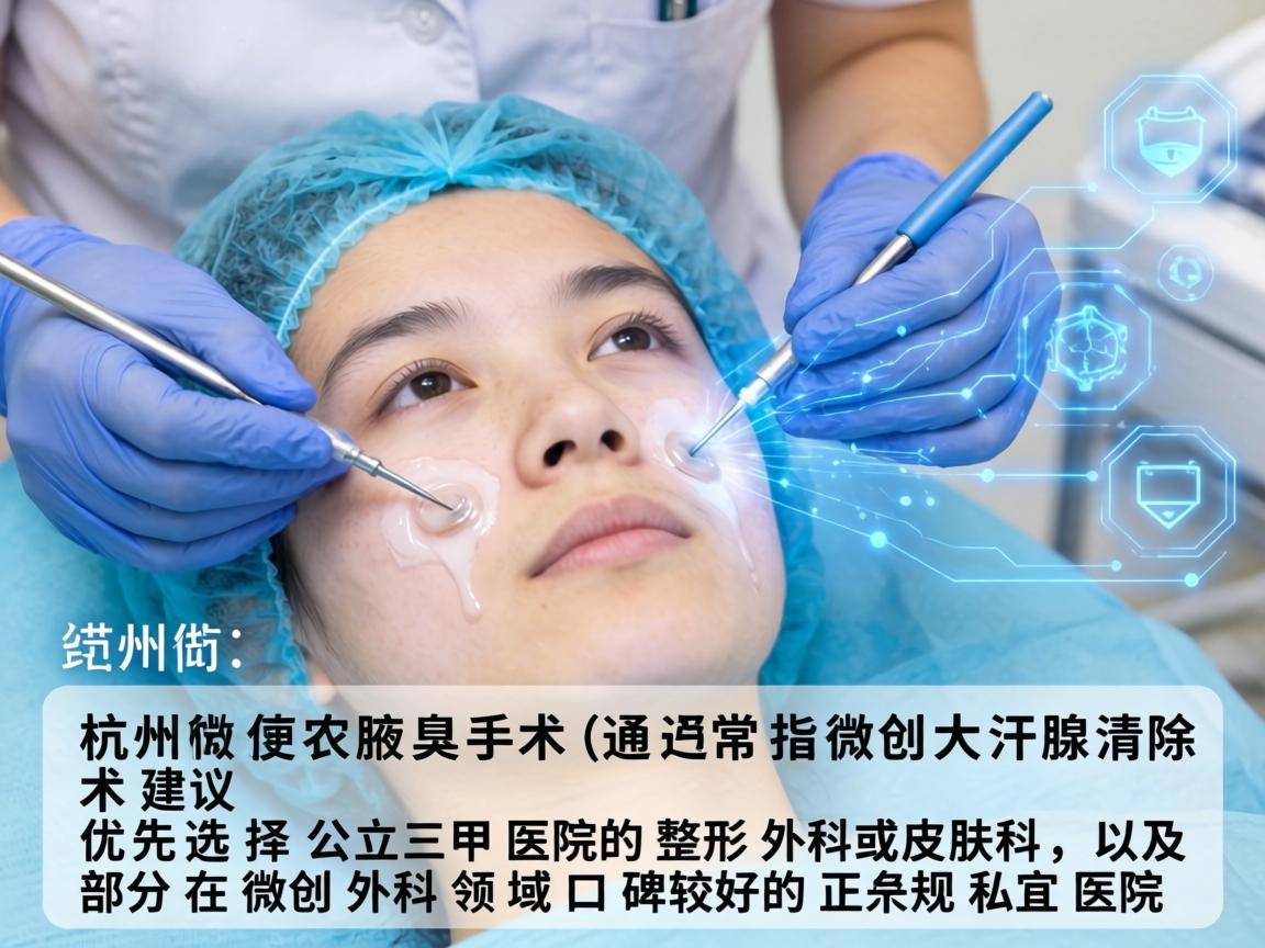 在杭州,做腋臭手术(通常指微创大汗腺清除术)建议优先选择公立三甲医院的整形外科或皮肤科,以及部分在微创外科领域口碑较好的正规私立医院 在杭州,做腋臭手术(通常指微创大汗腺清除术)建议优先选择公立三甲医院的整形外科或皮肤科,以及部分在微创外科领域口碑较好的正规私立医院