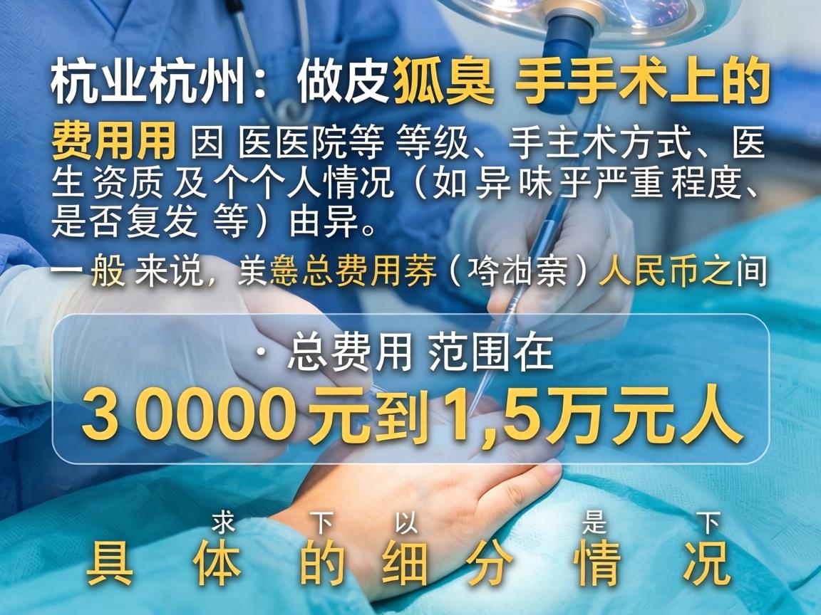 在杭州做狐臭手术的费用因医院等级、手术方式、医生资质及个人情况（如异味严重程度、是否复发等）而异。一般来说，总费用范围在3000元到1.5万元人民币之间。以下是具体的细分情况